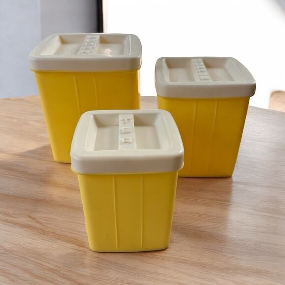 MCM Plastic Canister Set Mid Century Coffee Sugar Tea Yellow 3 Pc Nesting - Picture 2 of 9